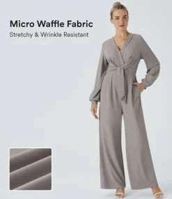 Jumpsuits<HALARA V Neck Snap Tie Pocket Wide Leg Micro Waffle Work Jumpsuit