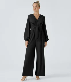 Jumpsuits<HALARA V Neck Snap Tie Pocket Wide Leg Micro Waffle Work Jumpsuit