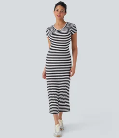T-Shirts|Maxi & Midi Dresses<HALARA V Neck Stripe Midi Casual T-Shirt Dress