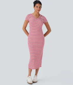 T-Shirts|Maxi & Midi Dresses<HALARA V Neck Stripe Midi Casual T-Shirt Dress
