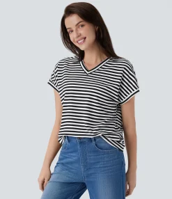Work Tops|T-Shirts<HALARA V Neck Stripe Waffle Relax Work Tee