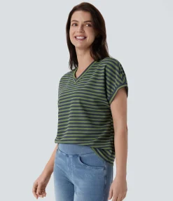 Work Tops|T-Shirts<HALARA V Neck Stripe Waffle Relax Work Tee