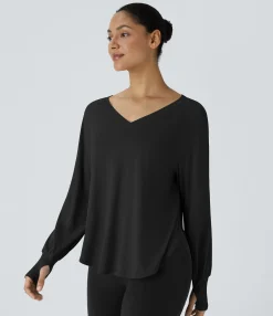 Yoga Tops|Sports Tops<HALARA V Neck Thumb Hole Long Sleeve Curved Hem Draped Yoga Sports Top