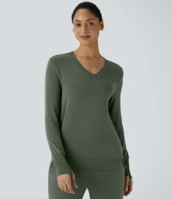 Sweatshirts & Hoodies<HALARA V Neck Thumb Hole Ribbed Hem Fleece Lounge Sweatshirt