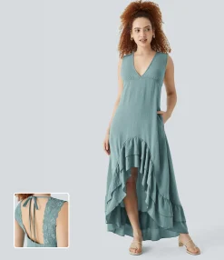 Dresses|Maxi & Midi Dresses<HALARA V Neck Tie Back Contrast Lace Pocket High Low Tiered Ruffle Hem Maxi Linen-Feel Dress