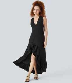 Dresses|Maxi & Midi Dresses<HALARA V Neck Tie Back Contrast Lace Pocket High Low Tiered Ruffle Hem Maxi Linen-Feel Dress