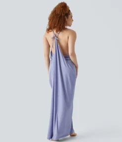 Maxi & Midi Dresses|Dresses<HALARA V Neck Tie Back Ruched Maxi Slip Dress