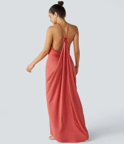 Maxi & Midi Dresses|Dresses<HALARA V Neck Tie Back Ruched Maxi Slip Dress