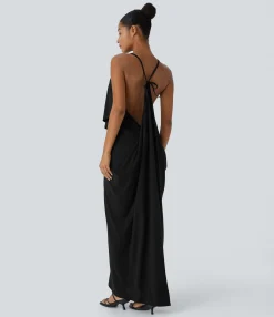 Maxi & Midi Dresses|Dresses<HALARA V Neck Tie Back Ruched Maxi Slip Dress
