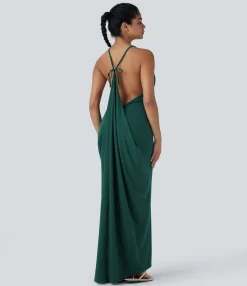 Maxi & Midi Dresses|Dresses<HALARA V Neck Tie Back Ruched Maxi Slip Dress