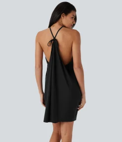Mini Dresses|Dresses<HALARA V Neck Tie Back Ruched Mini Slip Dress