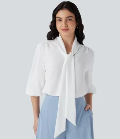 Shirts Blouses|Shirts & Blouses<HALARA V Neck Tie Front 3/4 Sleeve Work Shirt