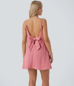 Mini Dresses|Dresses<HALARA V Neck Tie Pocket Mini Linen-Feel Dress