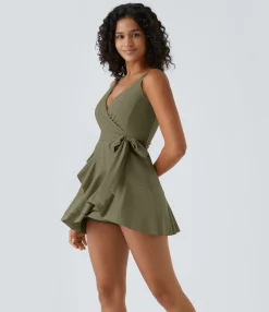 Mini Dresses|Dresses<HALARA V Neck Tie Side Ruffle 2-Piece Pocket Flowy Mini Casual Dress