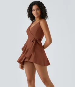 Mini Dresses|Dresses<HALARA V Neck Tie Side Ruffle 2-Piece Pocket Flowy Mini Casual Dress