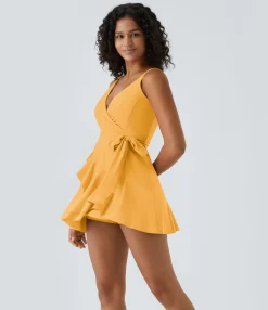 Mini Dresses|Dresses<HALARA V Neck Tie Side Ruffle 2-Piece Pocket Flowy Mini Casual Dress