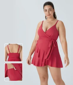 Plus Size<HALARA V Neck Tie Side Ruffle 2-Piece Pocket Flowy Mini Casual Plus Size Dress
