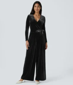 Jumpsuits<HALARA V Neck Wrapped Long Sleeve Belted Pocket Wide Leg Velvet Casual Jumpsuit