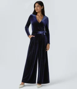 Jumpsuits<HALARA V Neck Wrapped Long Sleeve Belted Pocket Wide Leg Velvet Casual Jumpsuit