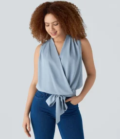 Casual Tops|Tank Tops & Camis<HALARA V Neck Wrapped Tie Front Casual Tank Top