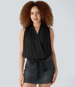 Casual Tops|Tank Tops & Camis<HALARA V Neck Wrapped Tie Front Casual Tank Top