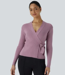 Sweaters<HALARA V Neck Wrapped Tie Side Long Sleeve Work Sweater