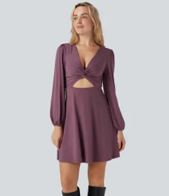 Mini Dresses|Dresses<HALARA V-neck Cut-out Long Sleeve Zipper Mini Dress
