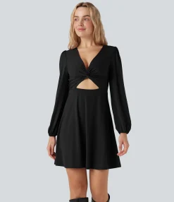 Mini Dresses|Dresses<HALARA V-neck Cut-out Long Sleeve Zipper Mini Dress