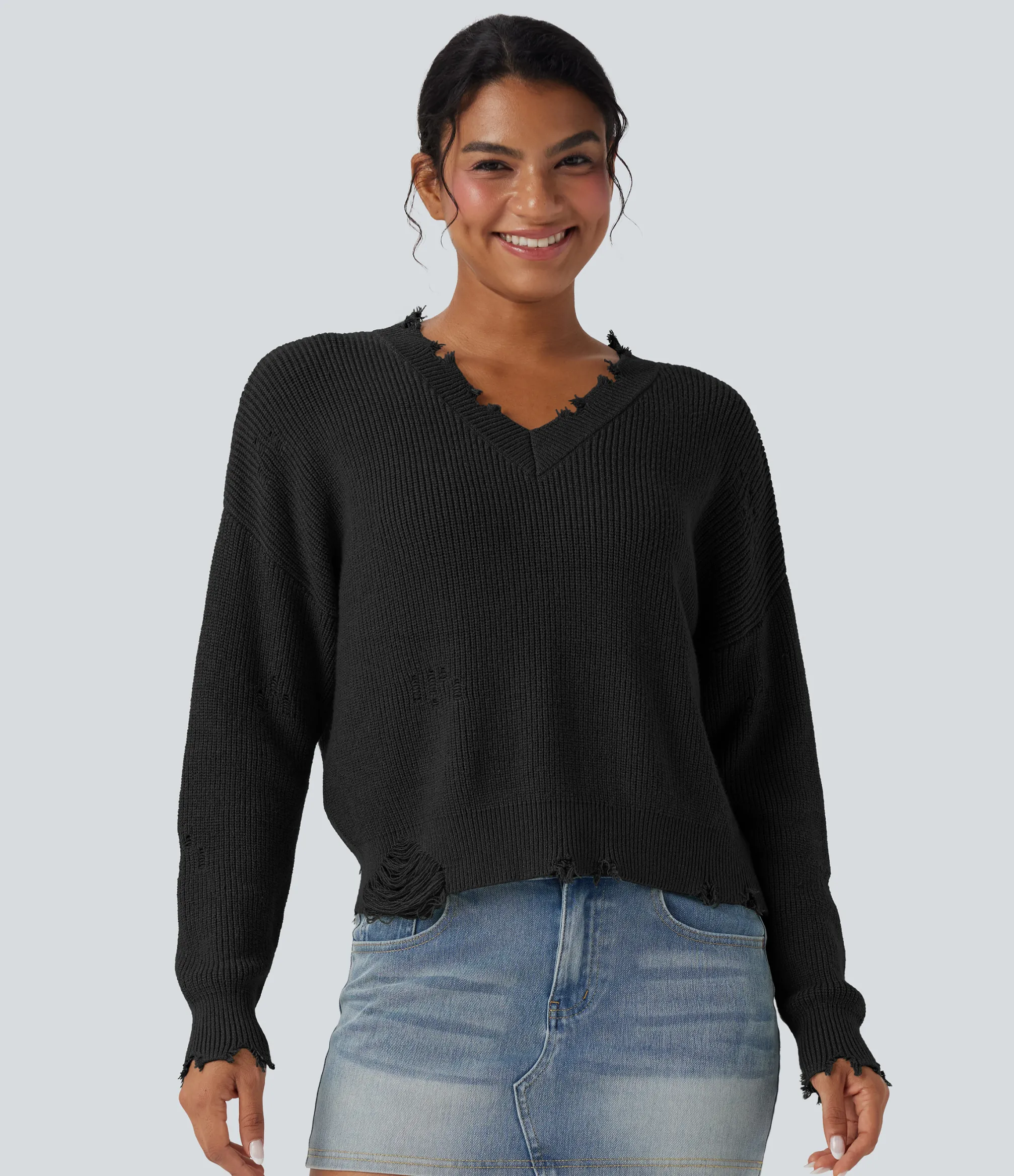 Sweaters<HALARA V-neck Distressed Casual Sweater