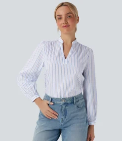 Casual Tops|Shirts Blouses<HALARA V-neck High Low Striped Print Casual Blouse