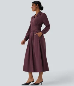 Maxi & Midi Dresses|Dresses<HALARA V-neck Long Sleeve Tie Back Midi Work Dress with Pockets