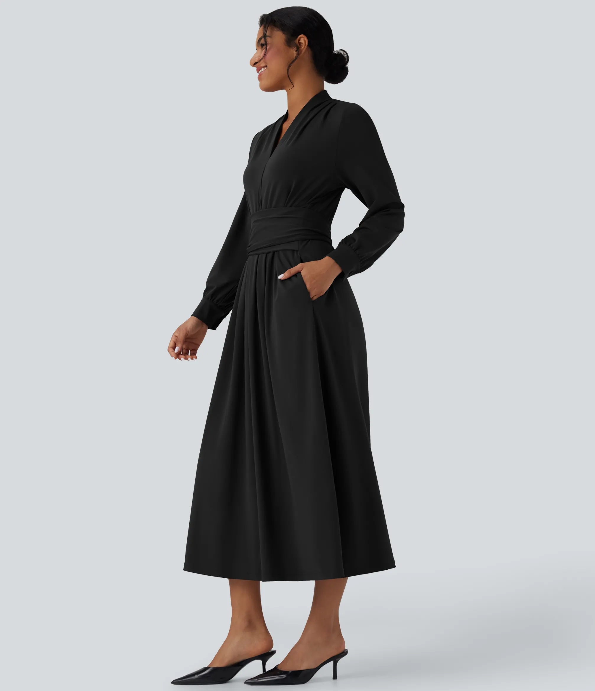 Maxi & Midi Dresses|Dresses<HALARA V-neck Long Sleeve Tie Back Midi Work Dress with Pockets