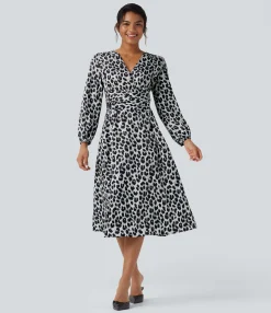 Dresses|Maxi & Midi Dresses<HALARA V-neck Long Sleeve Tie Back Leopard Print Midi Casual Dress with Pockets