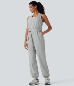 Jumpsuits<HALARA V-neck Sleeveless Belted Workout Jumpsuit with Pockets