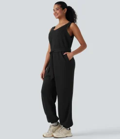 Jumpsuits<HALARA V-neck Sleeveless Belted Workout Jumpsuit with Pockets