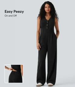 Jackets & Outerwear|Jumpsuits<HALARA V-neck Sleeveless Casual Vest Jumpsuit with Pockets-Easy Peezy