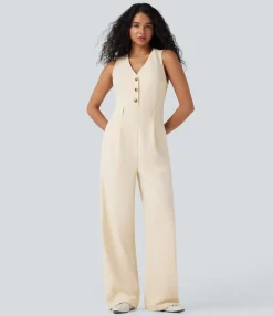 Jackets & Outerwear|Jumpsuits<HALARA V-neck Sleeveless Casual Vest Jumpsuit with Pockets-Easy Peezy