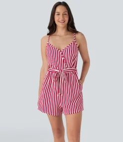Jumpsuits<HALARA V-neck Snap Belted Stripe Waffle Jumpsuit with Pockets