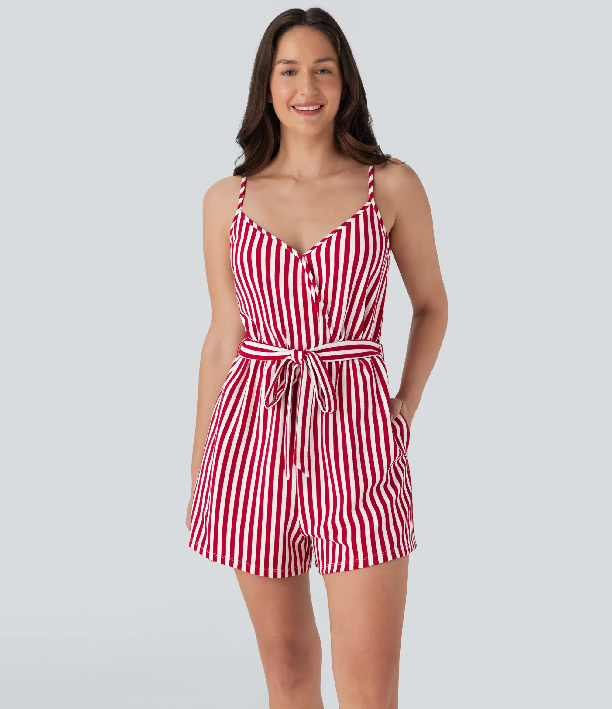 Jumpsuits<HALARA V-neck Snap Belted Stripe Waffle Jumpsuit with Pockets