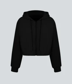 Casual Tops<HALARA Waffle Hooded Drawstring Zipper Cropped Casual Cotton Sports Sweatshirt