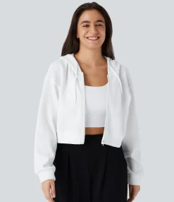 Casual Tops<HALARA Waffle Hooded Drawstring Zipper Cropped Casual Cotton Sports Sweatshirt