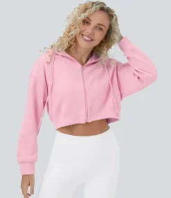 Casual Tops<HALARA Waffle Hooded Drawstring Zipper Cropped Casual Cotton Sports Sweatshirt
