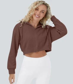 Casual Tops<HALARA Waffle Hooded Drawstring Zipper Cropped Casual Cotton Sports Sweatshirt