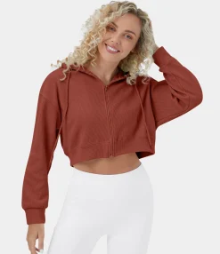 Casual Tops<HALARA Waffle Hooded Drawstring Zipper Cropped Casual Cotton Sports Sweatshirt