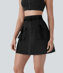 Skirts<HALARA Water Repellent Super High Waisted Belted Zipper Mini A-line Ripstop Camping Cargo Skirt with Pockets