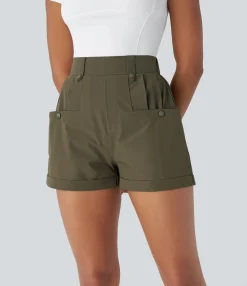 Active Shorts|Shorts<HALARA Waterproof High Waisted Pleated Pockets Rolled Hem Hiking Shorts