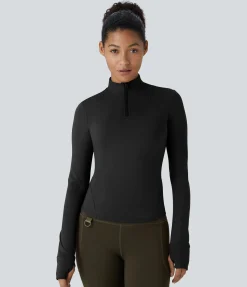 Sports Tops|Sports Tops<HALARA Wear-Resistant Stand Collar Half Zipper Long Sleeve Thumb Hole Slim Camping Sports Top