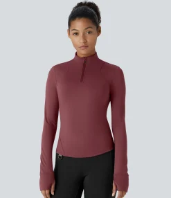Sports Tops|Sports Tops<HALARA Wear-Resistant Stand Collar Half Zipper Long Sleeve Thumb Hole Slim Camping Sports Top